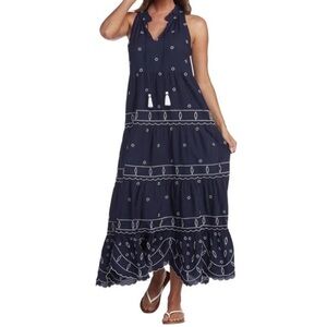 MUD PIE "Gisele" Cottage Boho Navy/WHT V-Neck Embroidery Tier 100% Cotton Maxi S